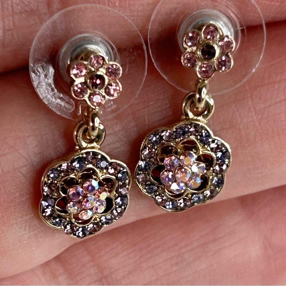 Vintage Signed Carolee Gold Tone Pink & Clear Rhinestone Dangle Drop Earrings